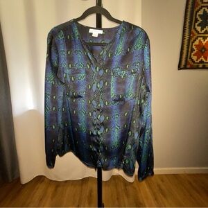 Vintage Liz Claiborne Blue and Green Patterned Blouse